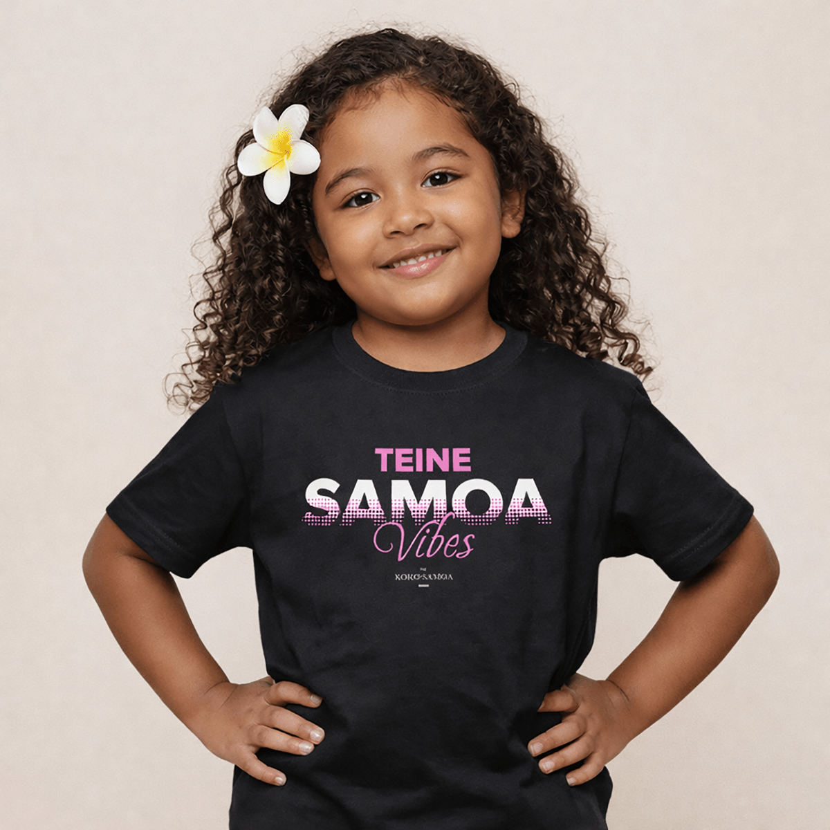 Kids unisex Tee featuring Teine Samoa Vibes design, made by The Print Bar, showing colorful Samoa-inspired graphics on the front.