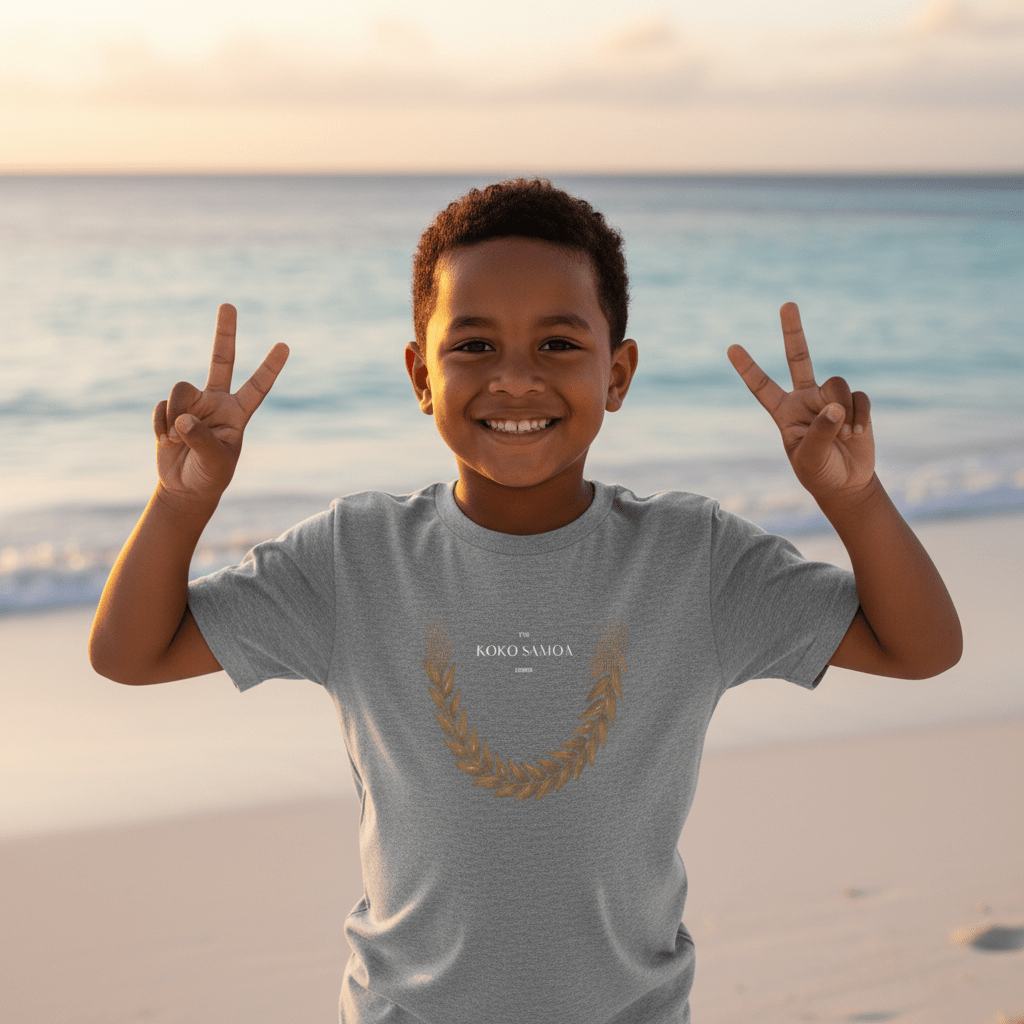 Kids unisex Ula Fala brown T-shirt by The Print Bar, featuring a casual fit and Samoa-inspired design for children.
