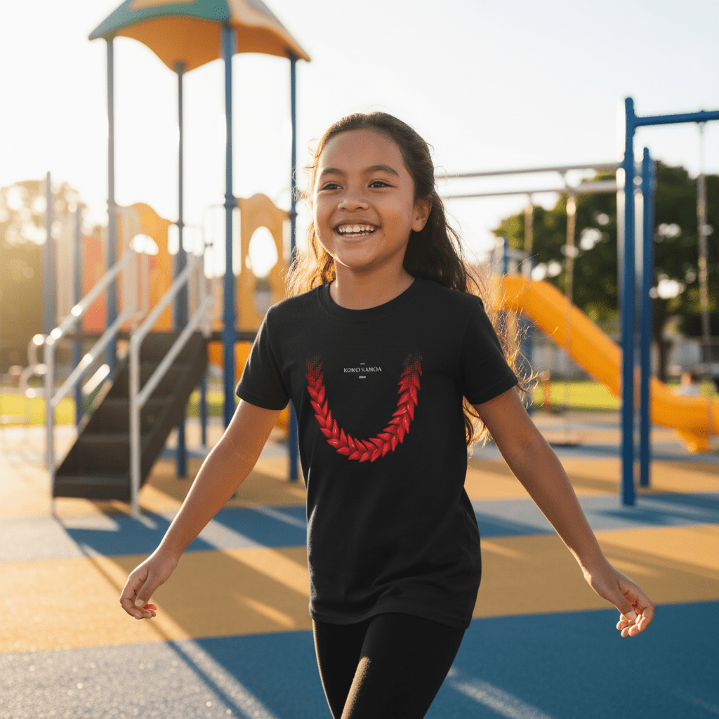 Kids unisex Ula Fala tee by The Print Bar, featuring colorful tropical print on soft cotton kids' clothing.