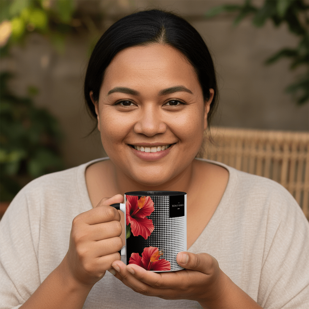 LimaLuxe™ 11oz Aute mug featuring a vibrant tropical design with island motifs and bold colors.