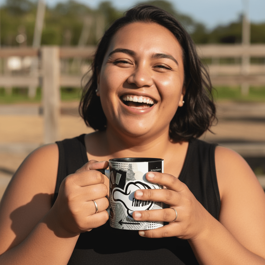 LimaLuxe™ 325ml mug by Prima Printing featuring a "Look At Fiapoko" design with tropical island artwork.