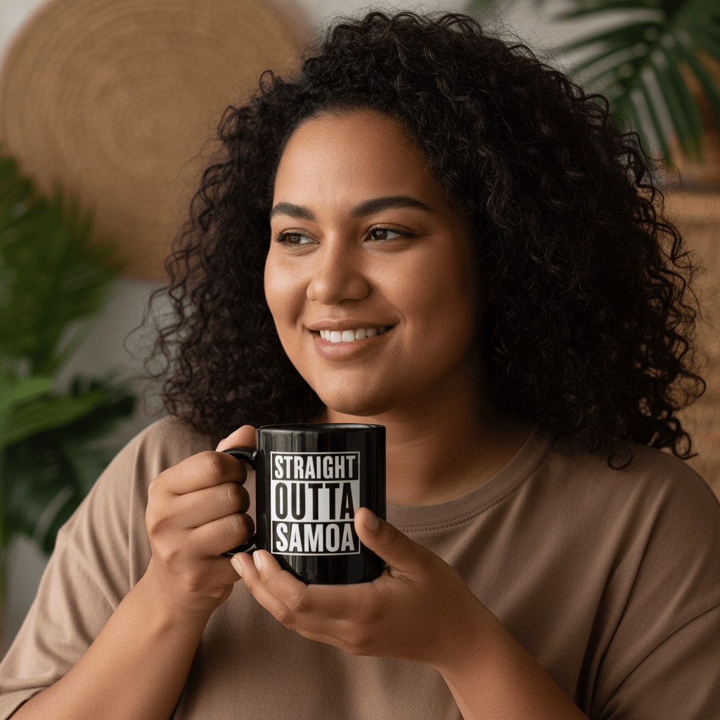 LimaLuxe™ 325ml Mug with "Straight Outta Samoa" design, featuring a ceramic mug with tropical Samoa theme.