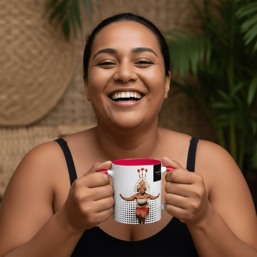 LimaLuxe™ Taupou 11oz ceramic mug featuring traditional Samoan design, white mug with colorful tribal pattern.