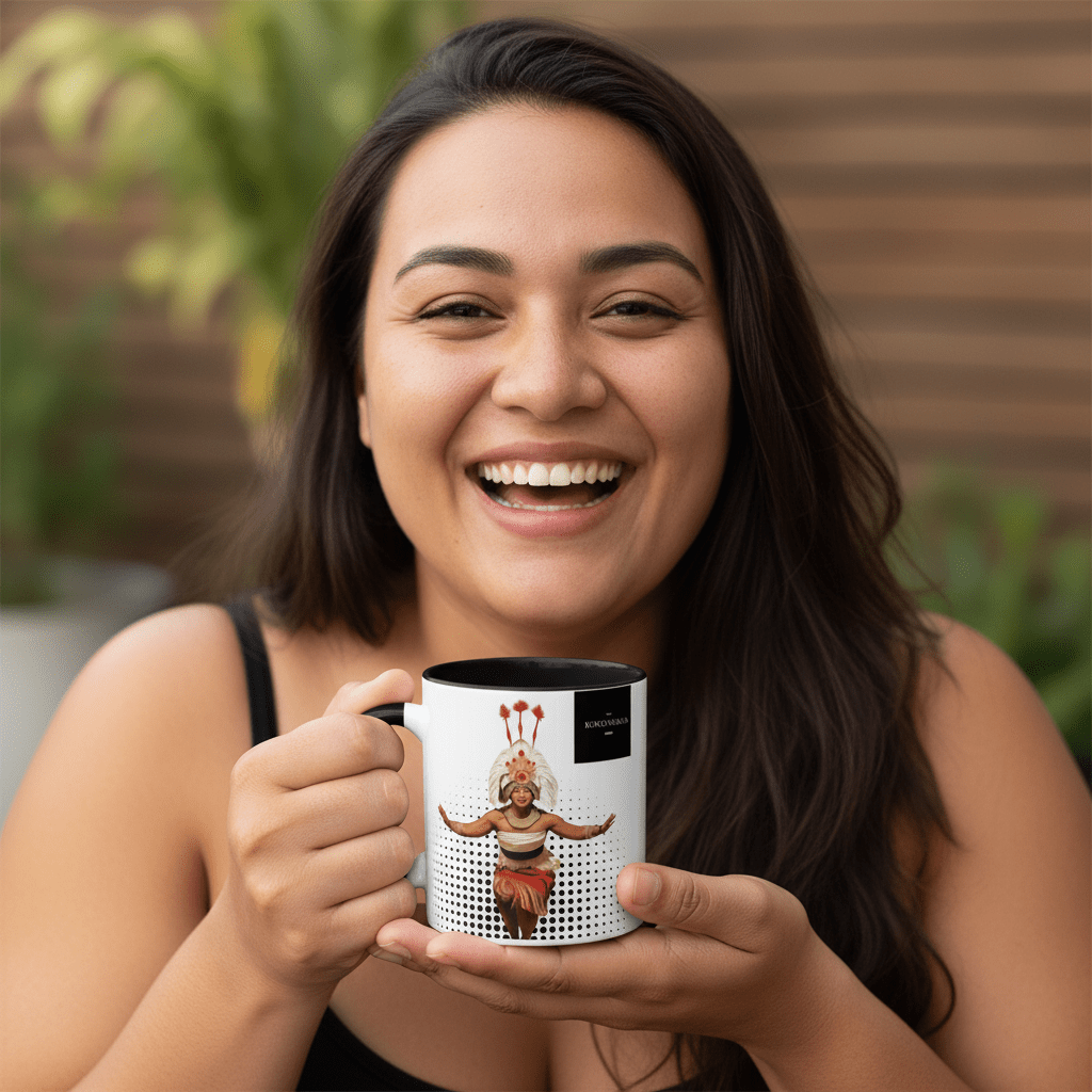 LimaLuxe™ 11oz Taupou mug featuring traditional Samoan designs and vibrant colors, perfect for hot beverages.