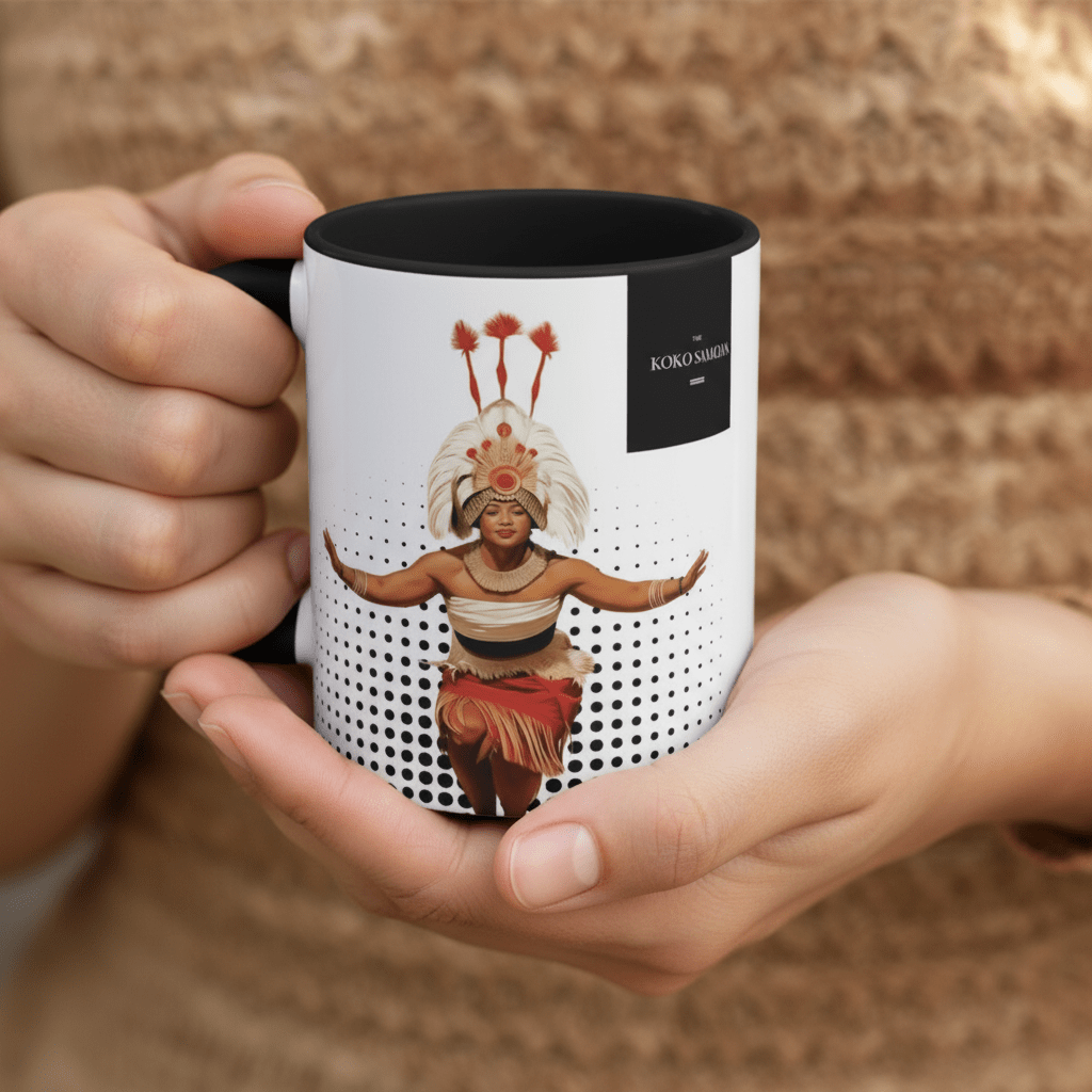 LimaLuxe™ 11oz Taupou mug featuring traditional Samoan design and vibrant colors on a ceramic mug.