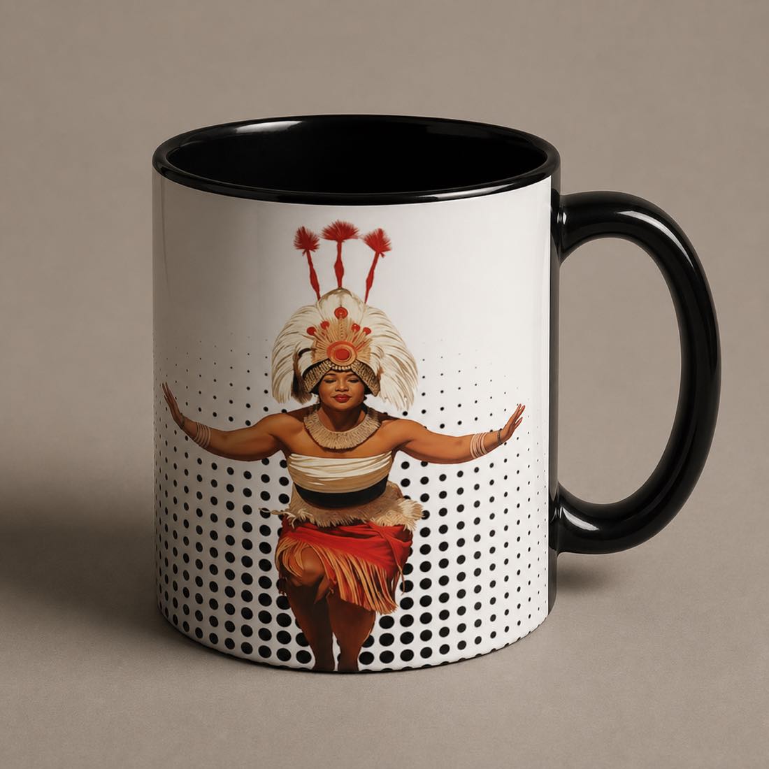 LimaLuxe™ 325ml Taupou mug featuring traditional Samoan Koko design with vibrant colors and cultural artwork.