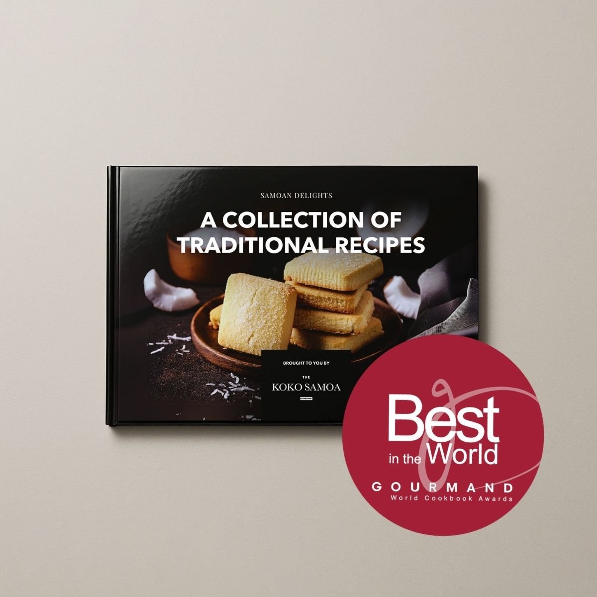 Hardcover A4 book titled "Samoan Delights" with colorful cover featuring Samoan recipes, published by Lulu Direct.