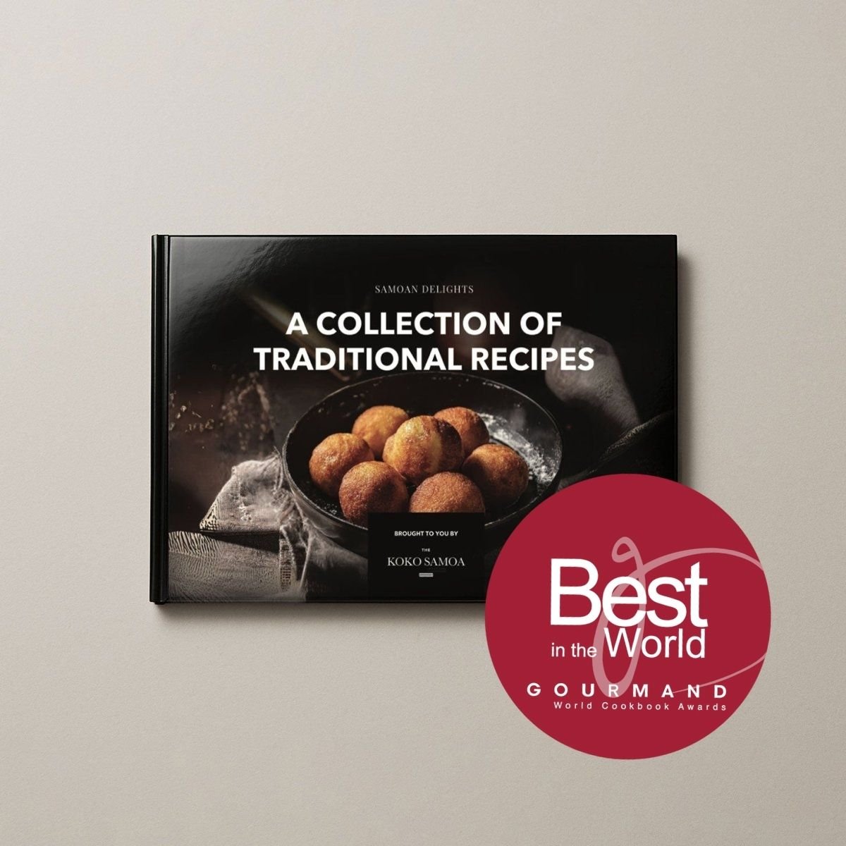 Hardcover A4 Samoan Delights Cookbook with 24 Samoan recipes, featuring Volumes 1 and 2, published by Lulu Direct.