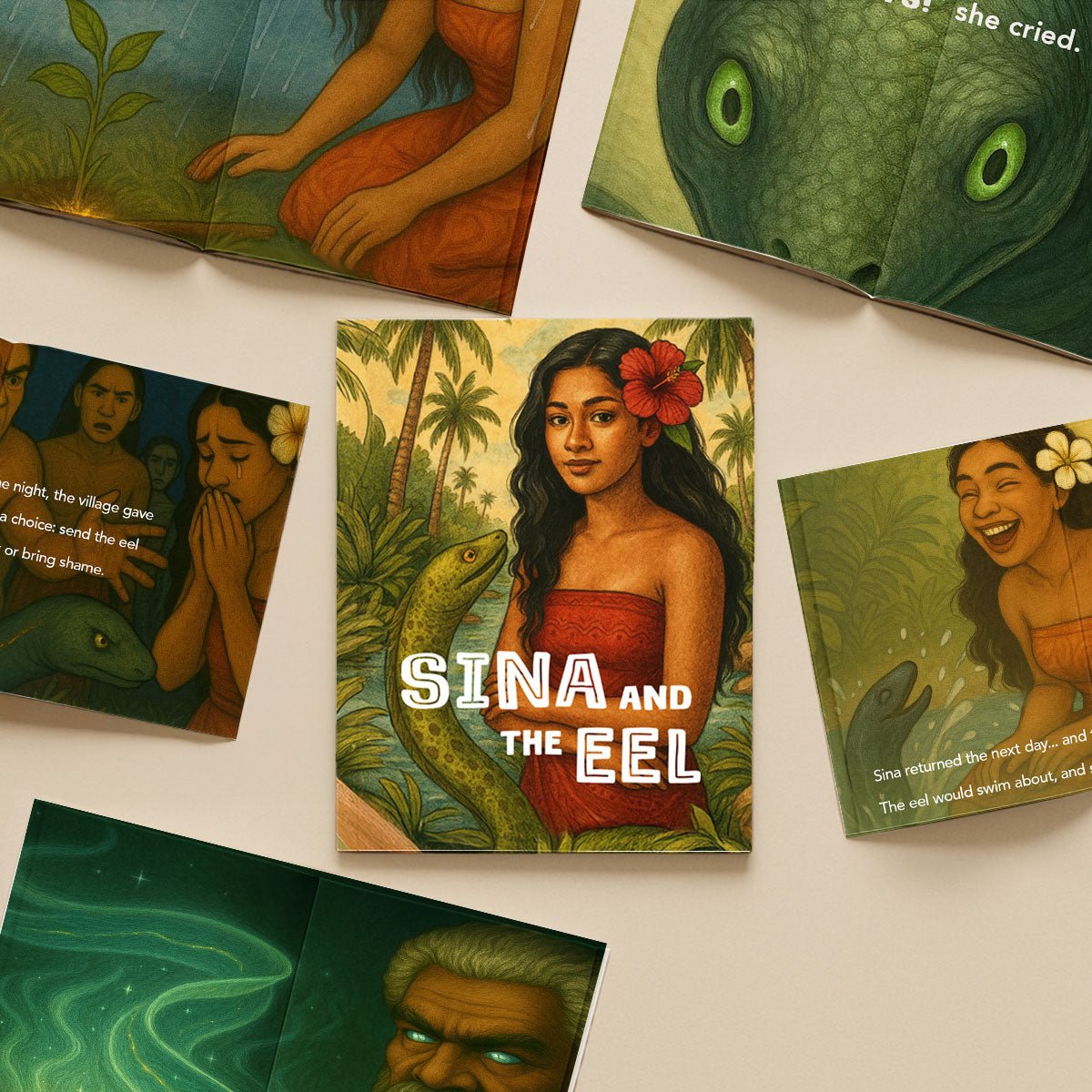 Softcover book titled "Sina & The Eel" by Lulu Direct, featuring colorful cover art and illustrations.