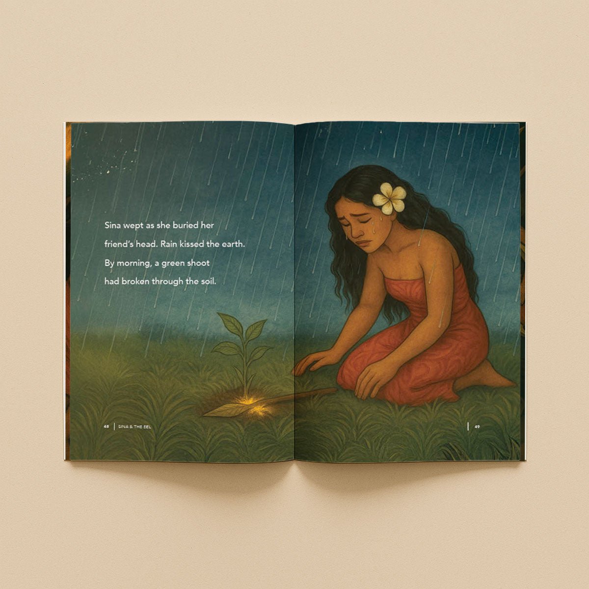 Softcover book titled "Sina & The Eel" by Lulu Direct featuring colorful cover art, displayed open and closed.