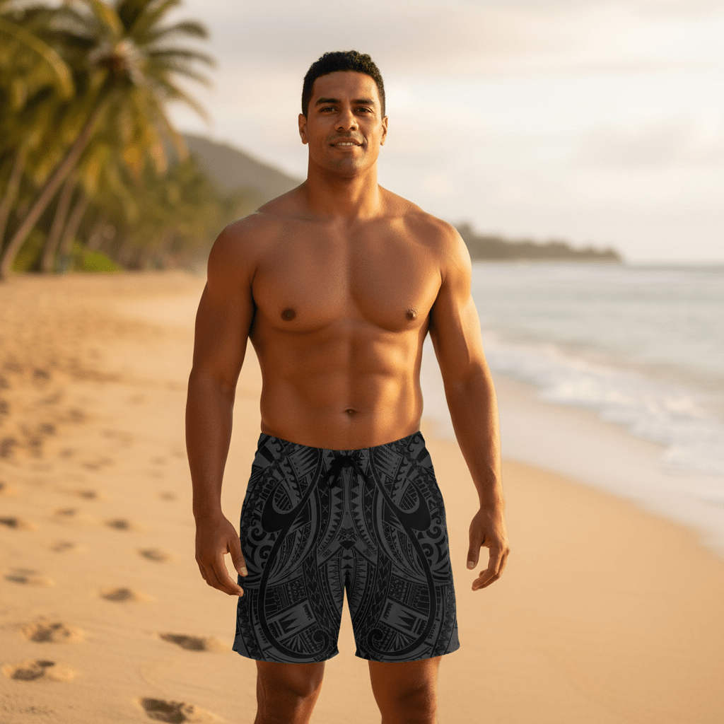 Men's Warrior board shorts by Smart Printee featuring bold tropical print, designed for comfort and style in AU/NZ.