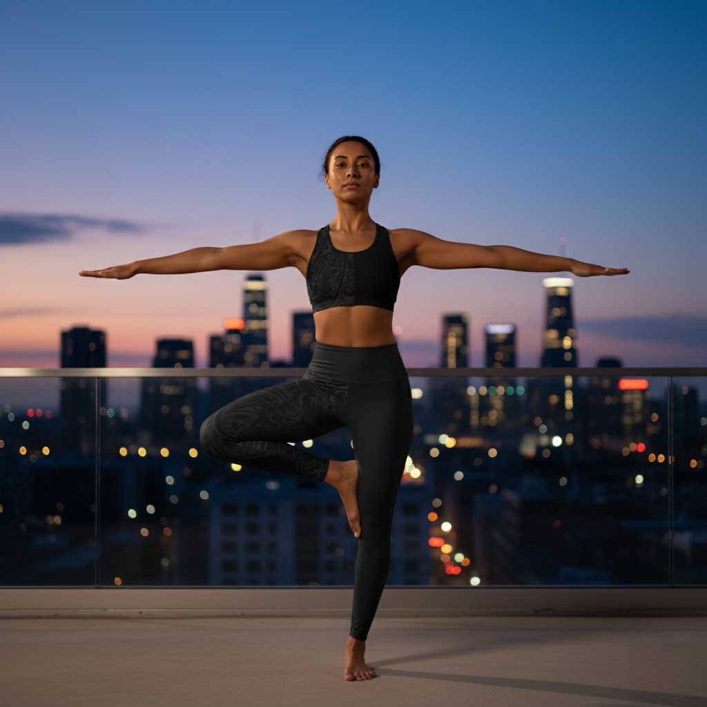 IslandRise High-Waisted Leggings in Bloom Basalt, showing the dark floral design and high-rise fit.