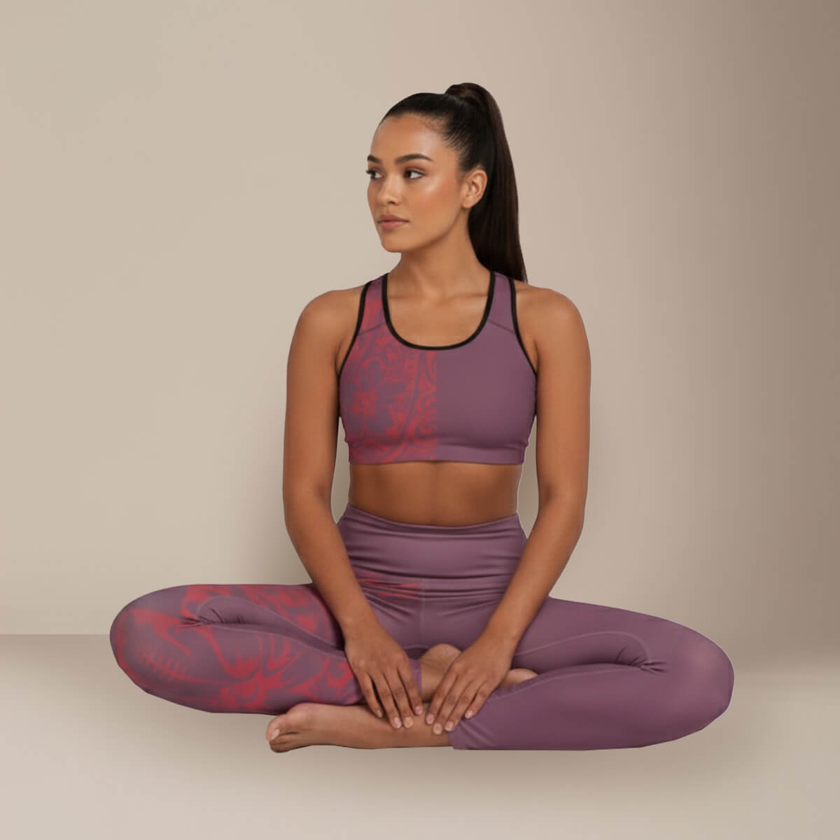 Miami Sublimation IslandRise high-waisted leggings in Winterberry Red, showing a close-up of the vibrant, stretchy fabric fit.