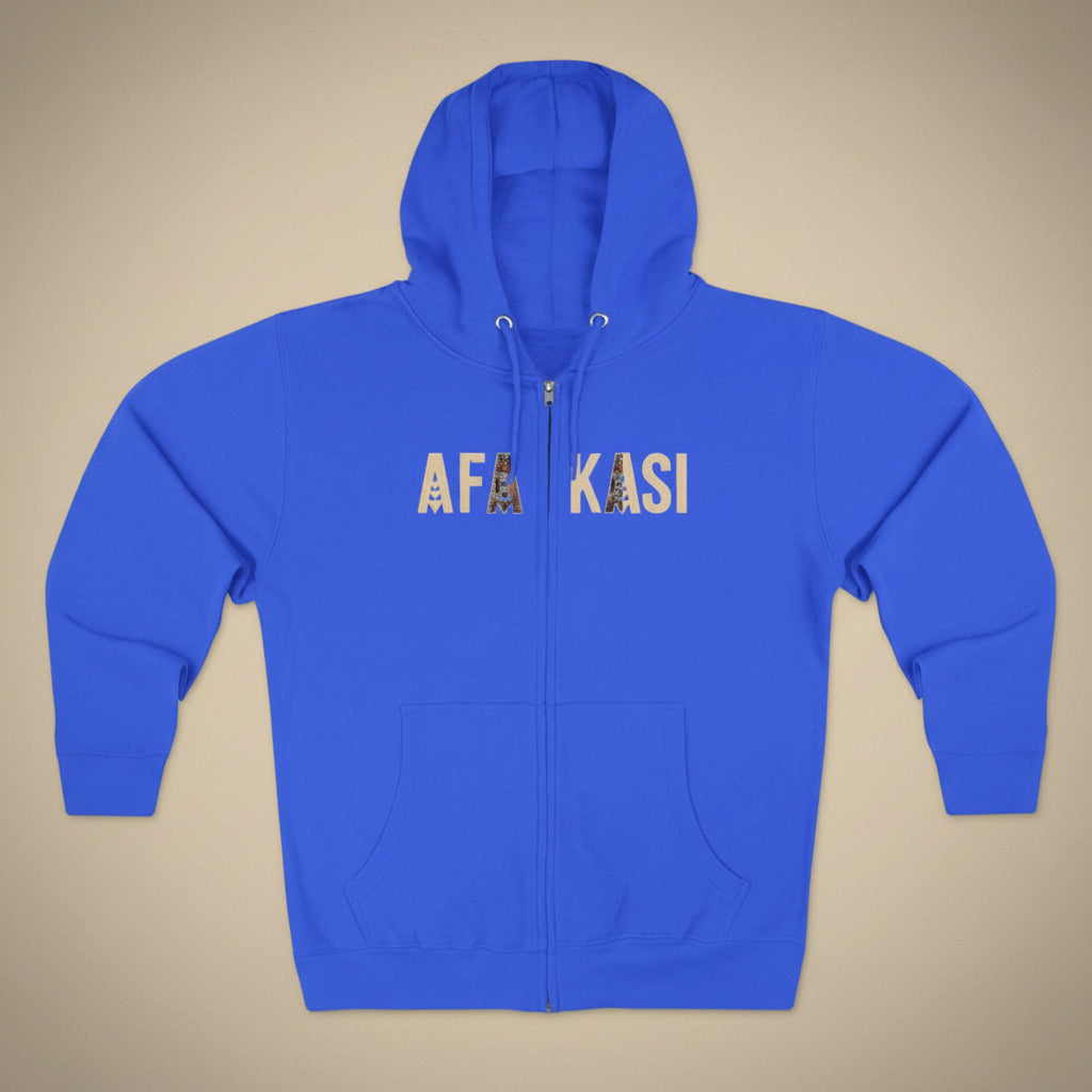 Black unisex zip hoodie from the AFAKASI collection, featuring a comfortable fit and casual style.