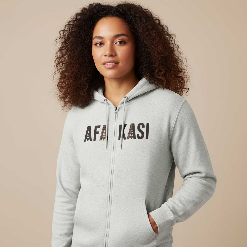 Unisex black zip hoodie by Monster Digital featuring AFAKASI design, suitable for AU, NZ, and USA markets.