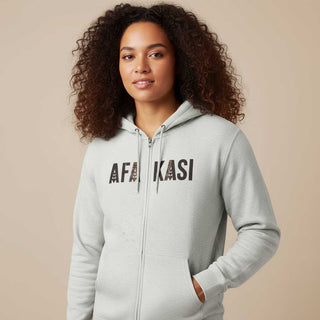 Black unisex zip hoodie from AFAKASI, featuring a comfortable fit and casual style.