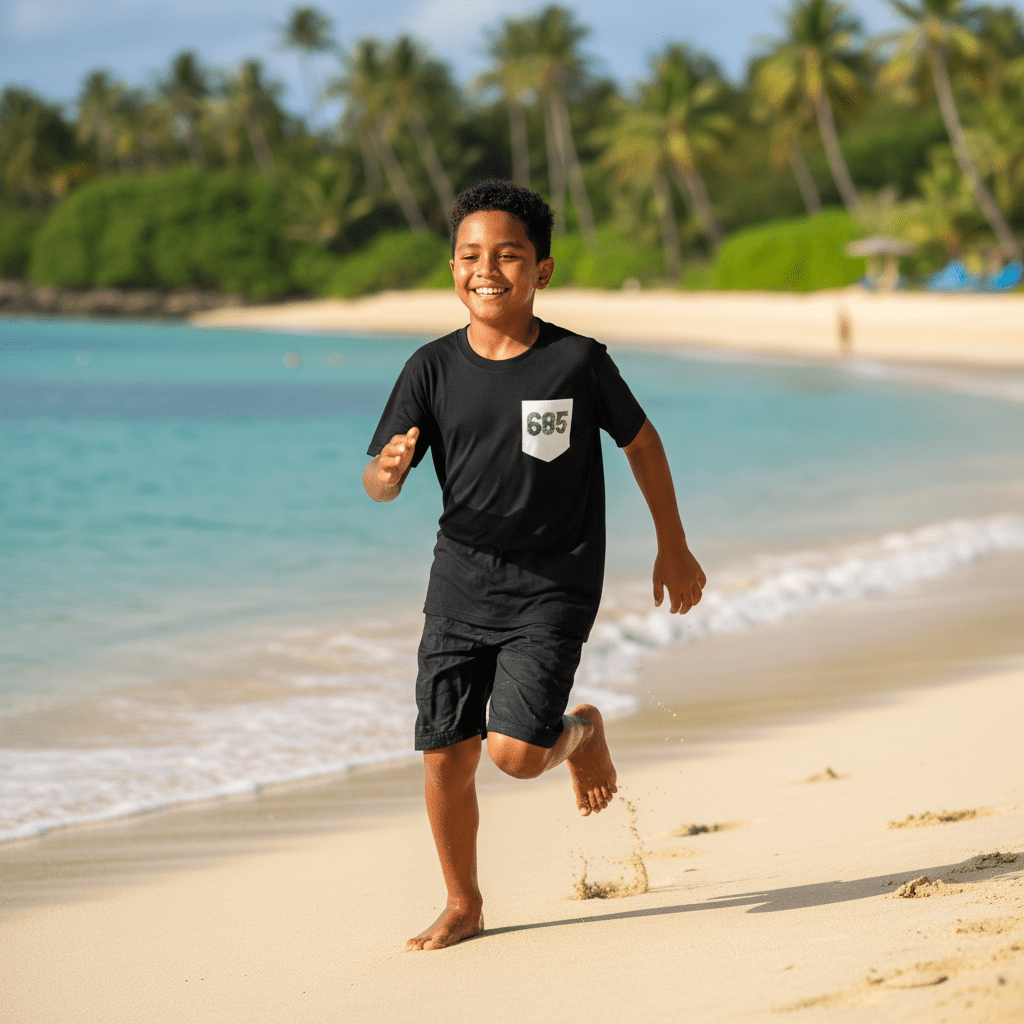 Kids unisex navy T-shirt with monster digital print, featuring a pocket, from The Print Bar's Kids 685 Pocket collection.