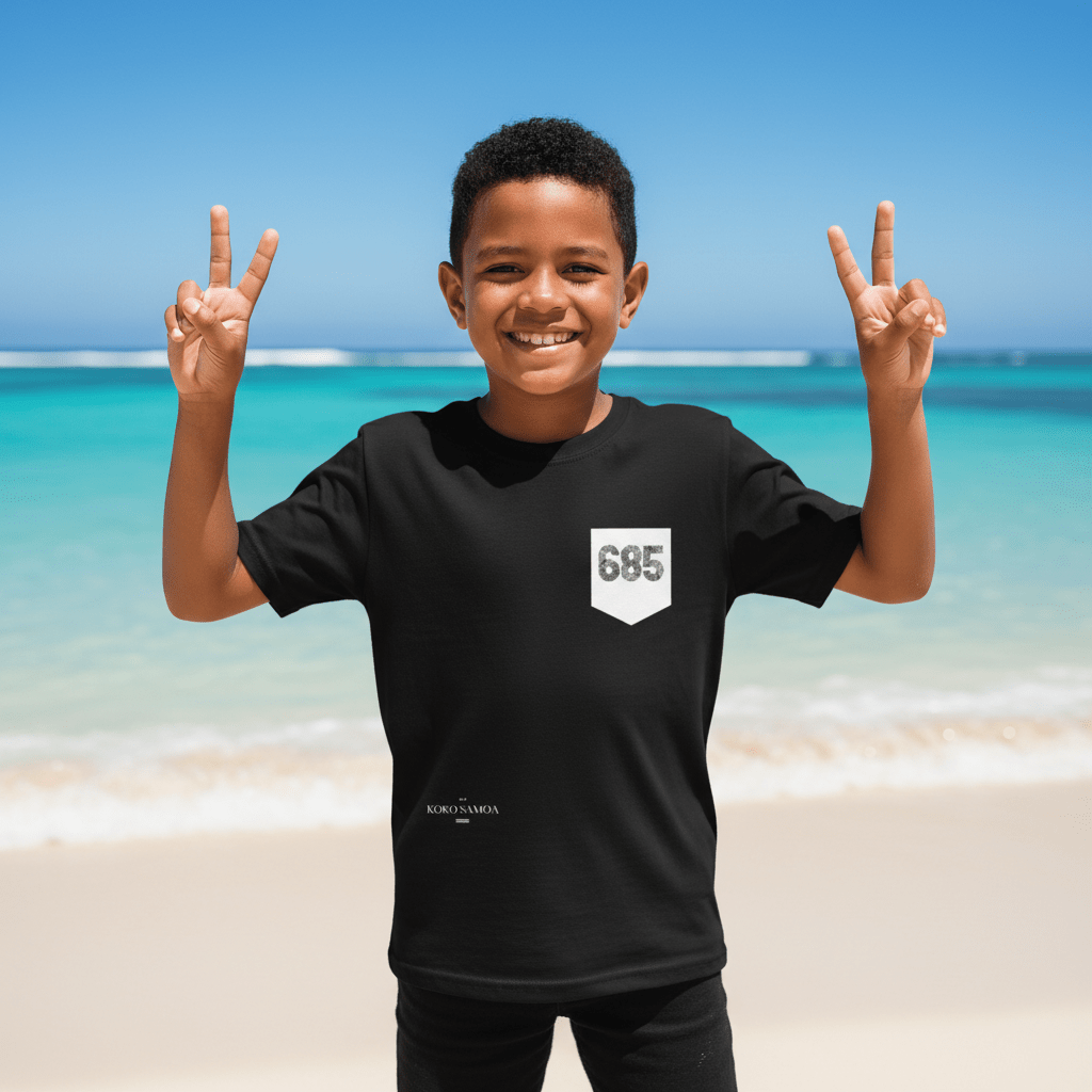 Kids unisex navy T-shirt featuring a monster digital print and a chest pocket, designed for children by The Print Bar.