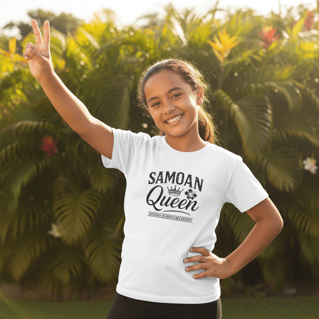 Kids unisex navy tee featuring a Samoan Queen design, suitable for children, by The Print Bar.