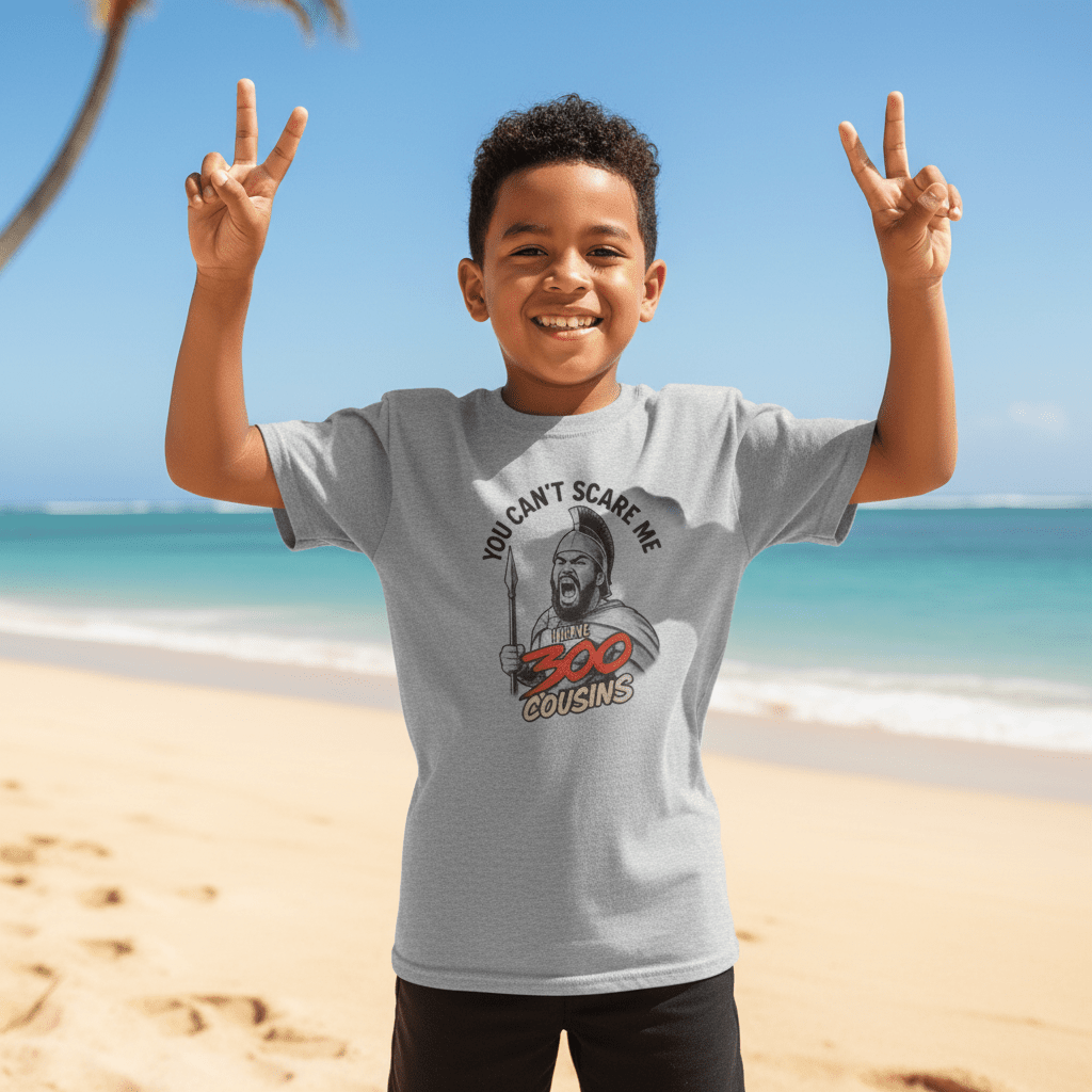 Kids unisex red T-shirt featuring monster digital print with "300 Cousins" design, from The Print Bar kids clothes collection.