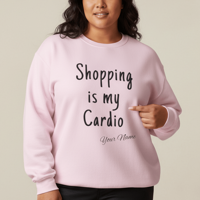 Unisex heavy sweatshirt by Monster Digital with "Shopping is My Cardio" personalized design in ash color.