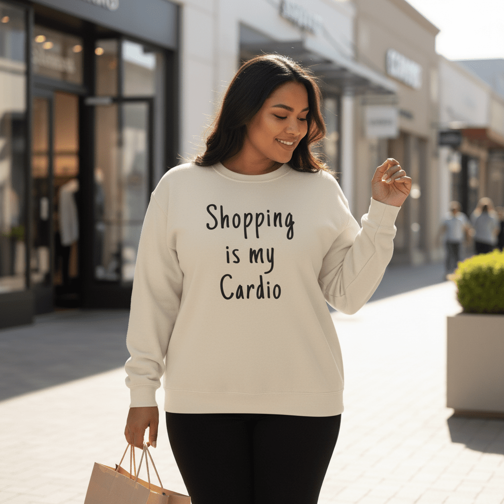 Unisex heavy sweatshirt by Monster Digital featuring "Shopping is My Cardio" personalization, in ash color, casual and cozy.