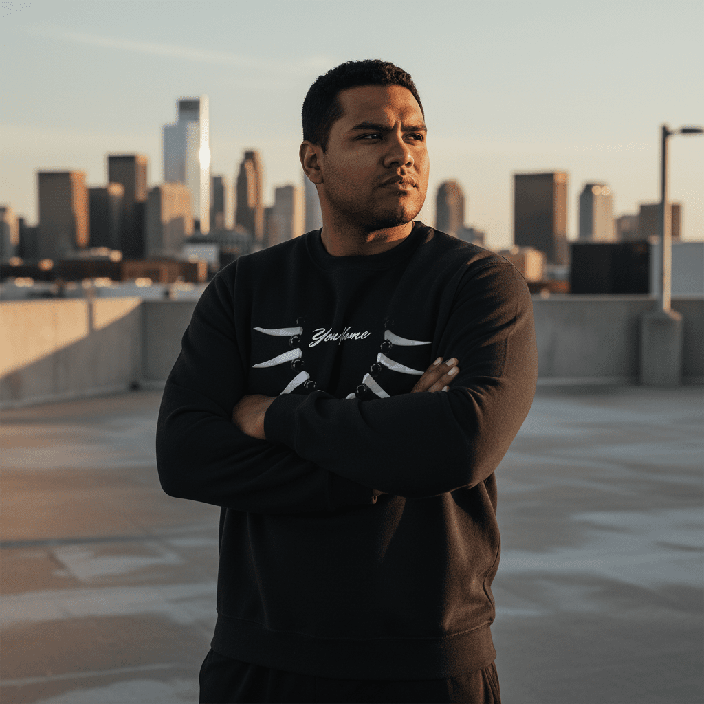 Unisex black heavy sweatshirt by Monster Digital featuring personalized Ula Nifo design, made in the USA.