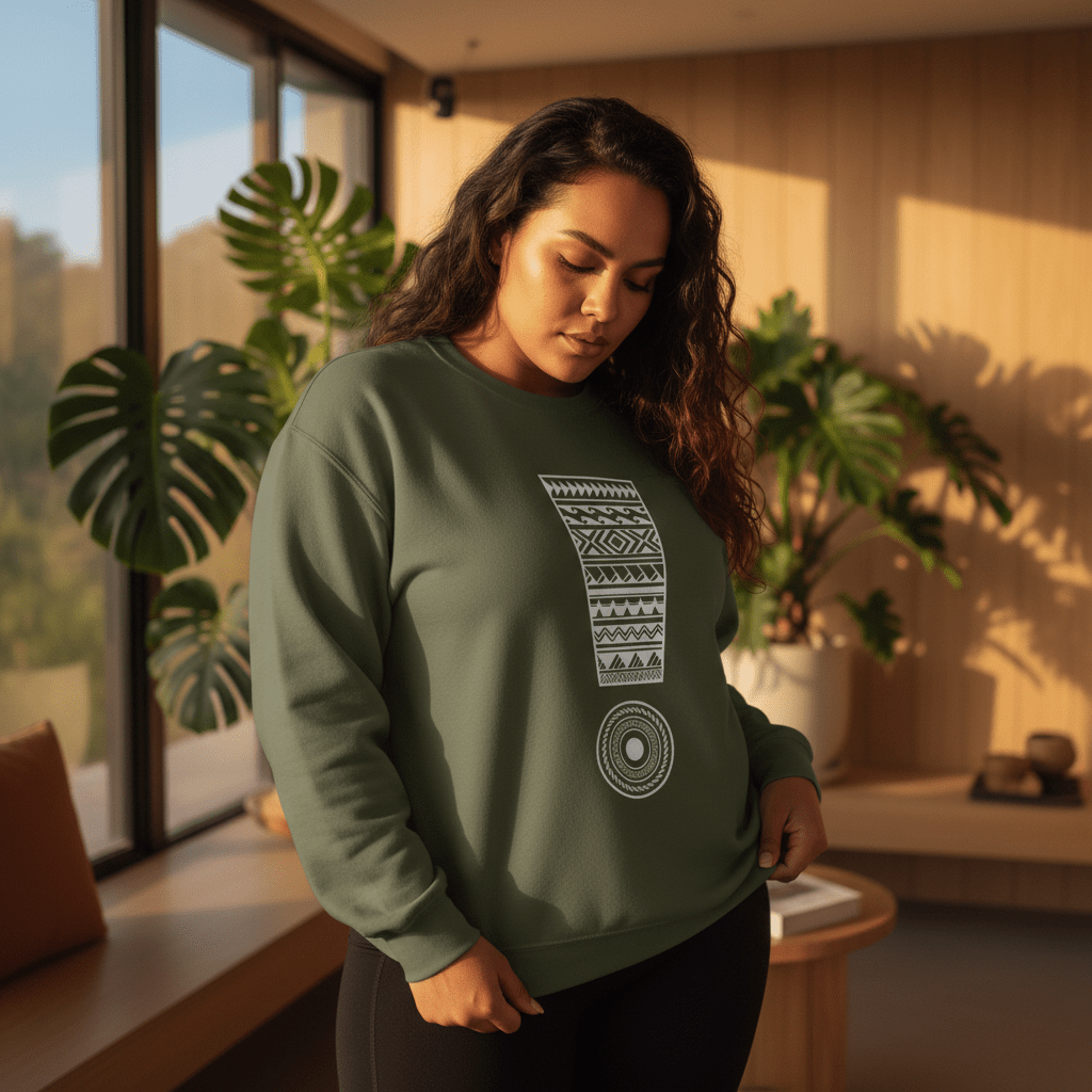 Unisex heavy sweatshirt in dark heather, personalized with "Exclaim" design, made in the USA.