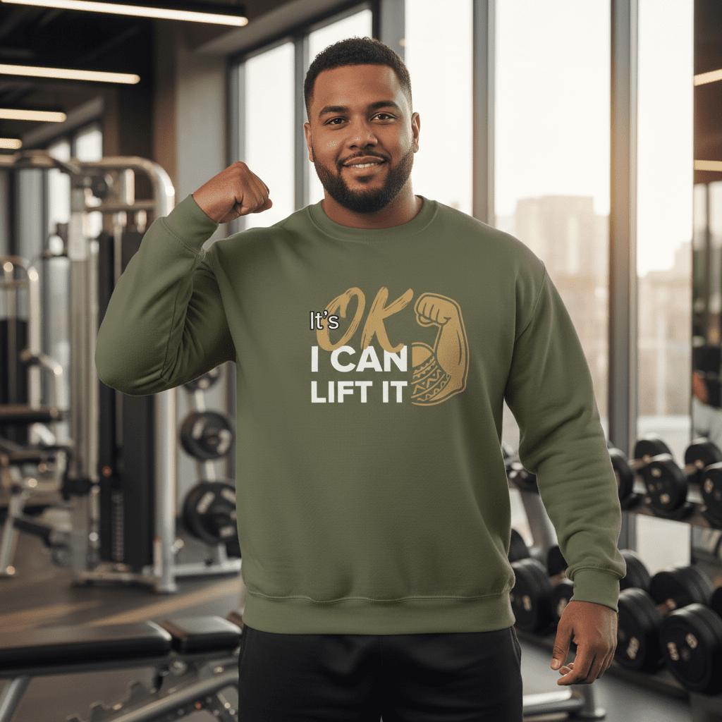 Unisex heavy sweatshirt in dark heather with "I Can Lift It" personalized text, casual fit for men and women.