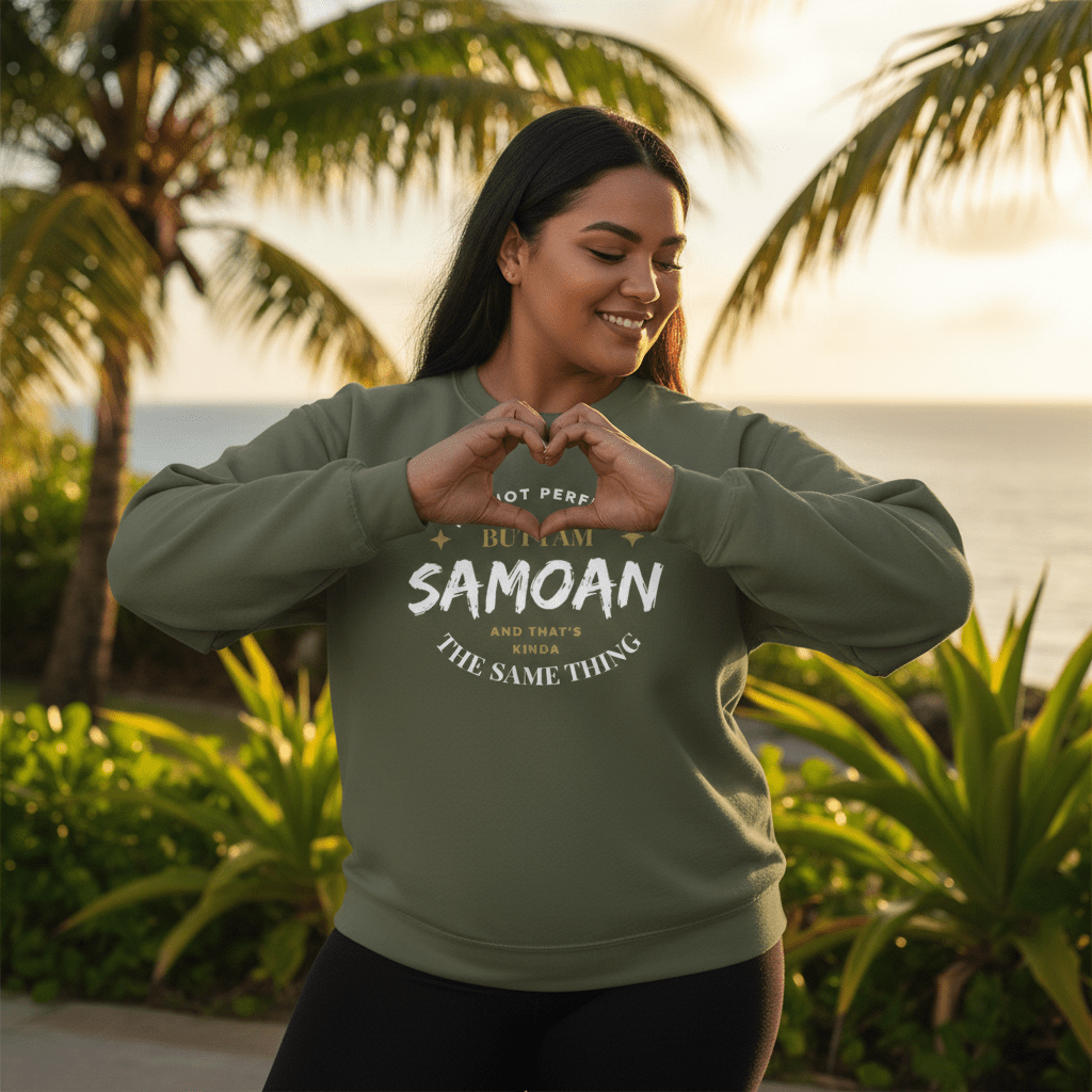 Unisex heavy sweatshirt featuring a dark heather color and personalized "Not Perfect But Samoan" design.