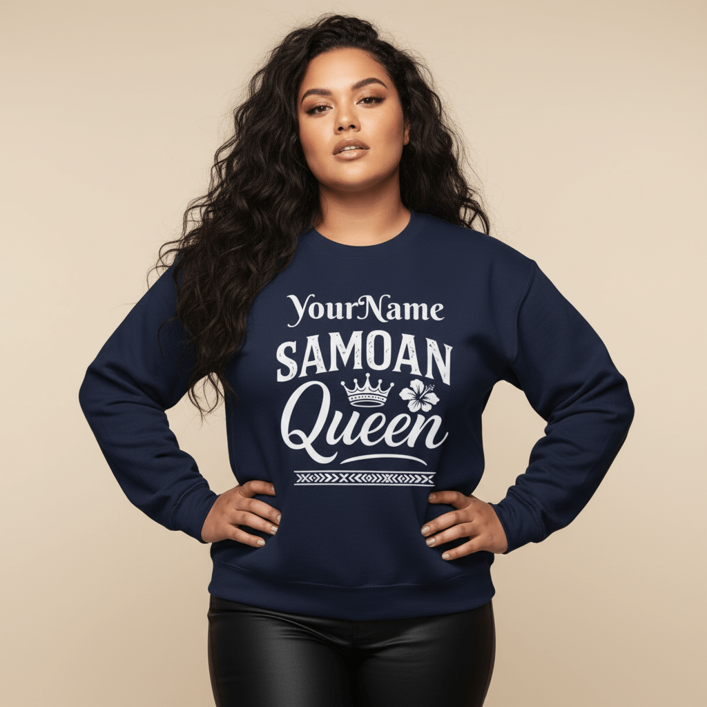 Unisex heavy sweatshirt featuring a Samoan Queen design on a dark heather background, made by The Print Bar.