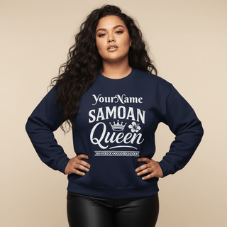 Unisex heavy sweatshirt with Samoan Queen design, personalized and in dark heather, suitable for all genders.