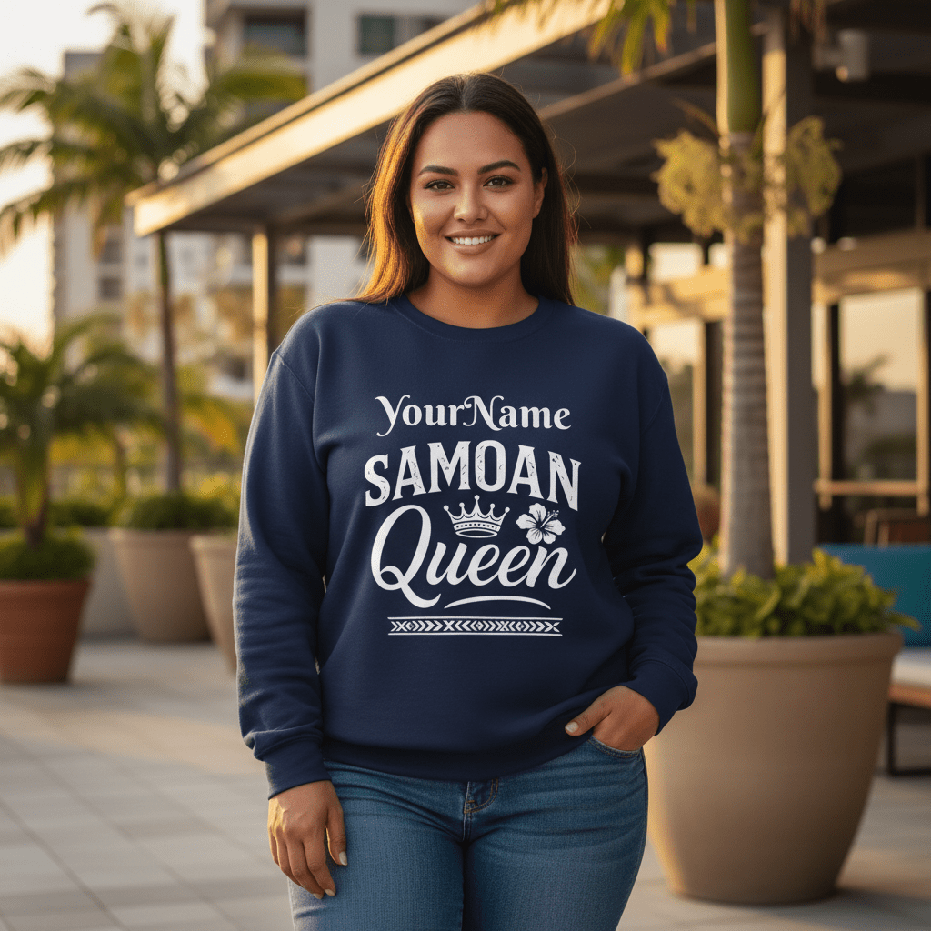 Unisex heavy sweatshirt featuring Samoa Queen design on dark heather fabric, personalized style, by The Print Bar.