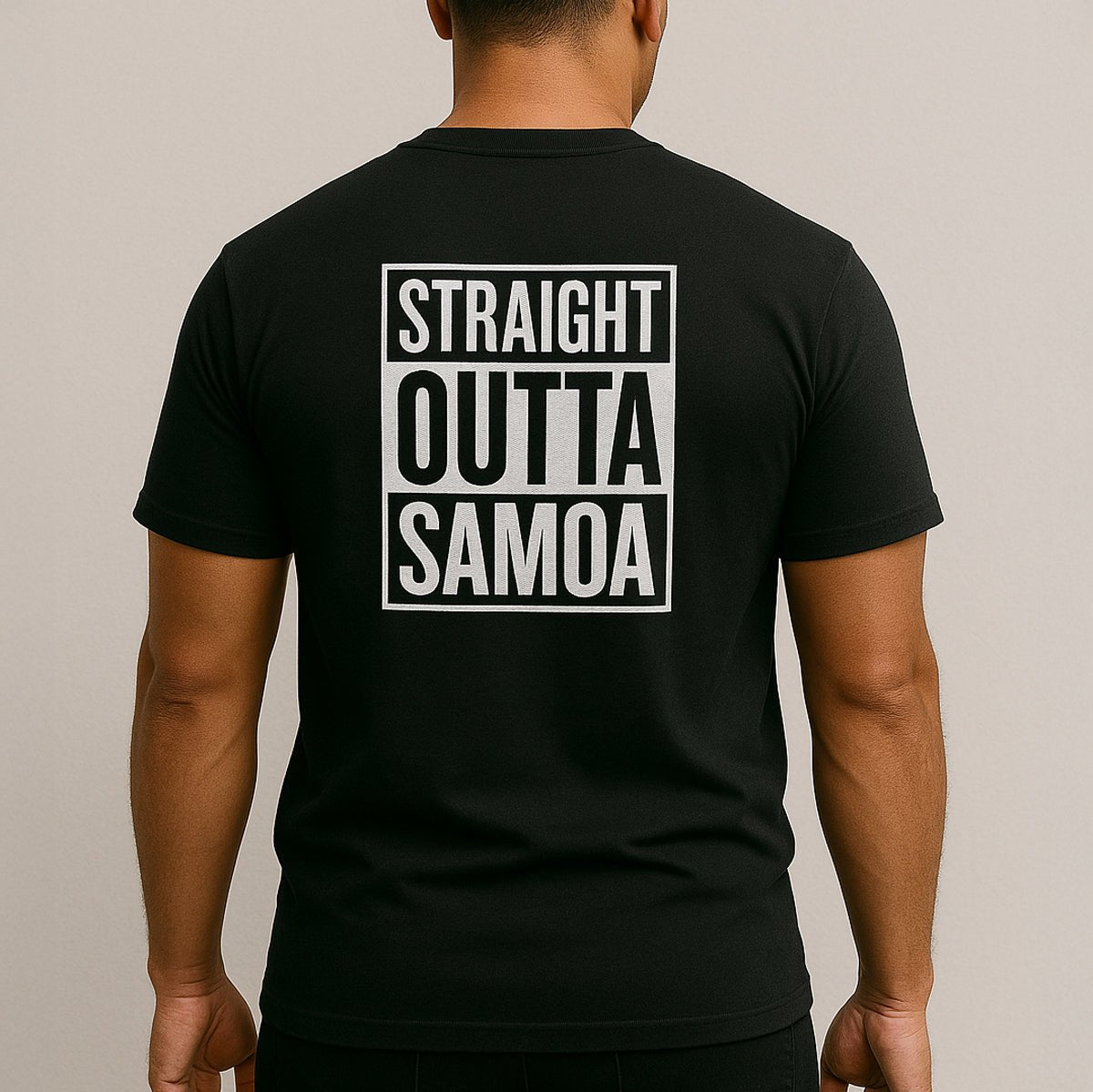 Black unisex T-shirt featuring "Straight Outta Samoa" design, heavy cotton fabric, casual fit for all genders.