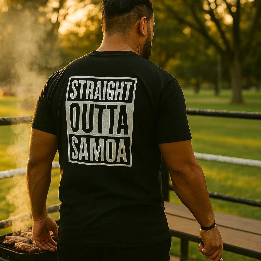Black heavy unisex tee with the Straight Outta Samoa print, The Koko Samoa