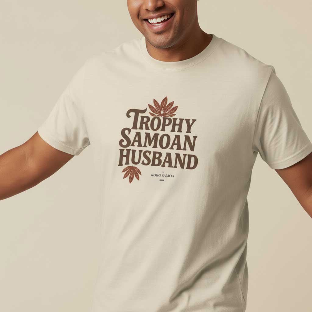 Unisex soft men's tee by The Print Bar featuring a Trophy Samoan Husband design in charcoal color.