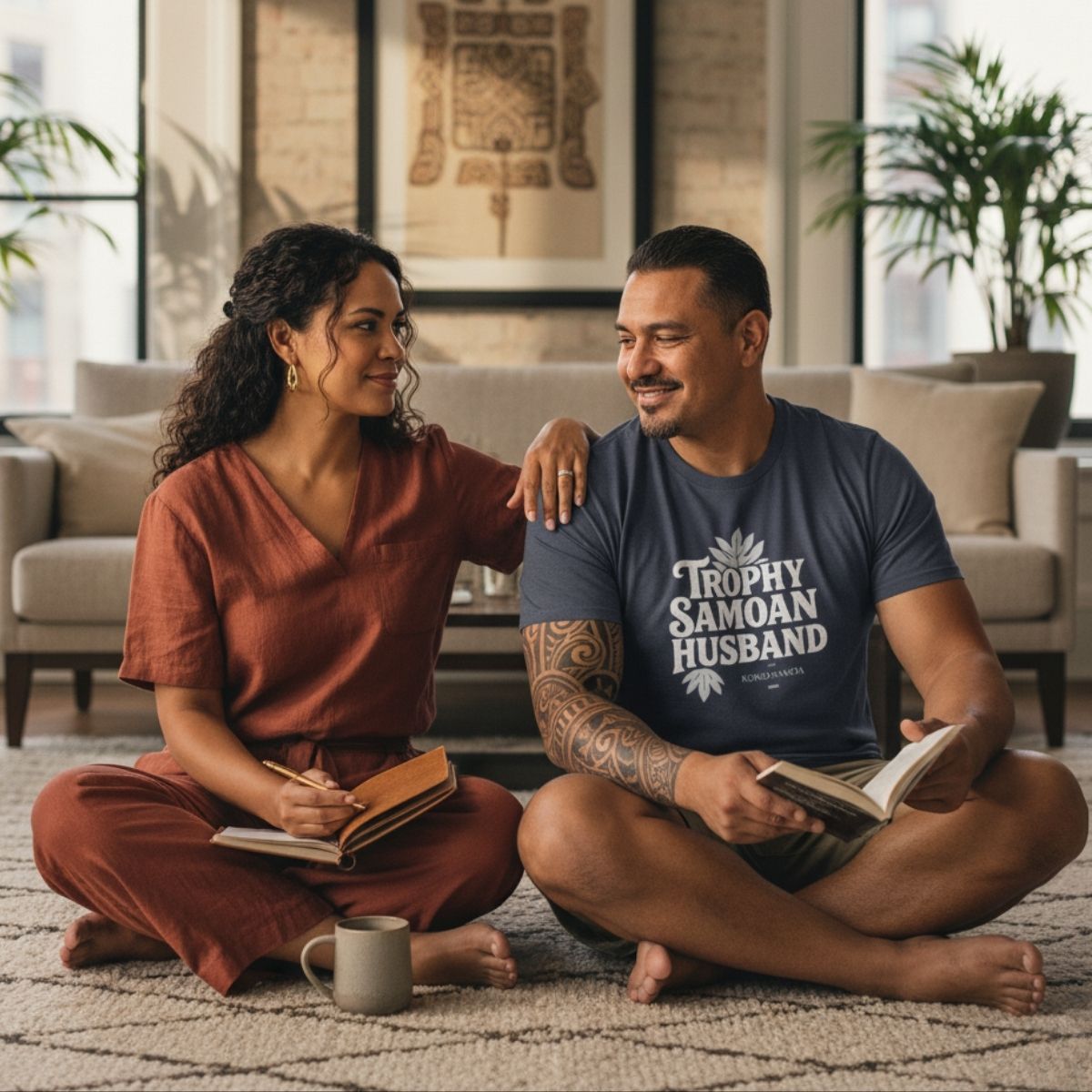 Unisex soft men's tee by The Print Bar featuring a Trophy Samoan Husband design in charcoal color.