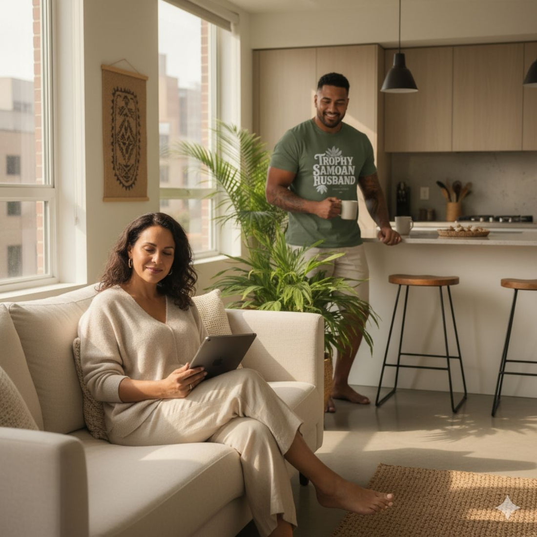 Soft men's T-shirt featuring a Trophy Samoan Husband print in charcoal, casual unisex style.