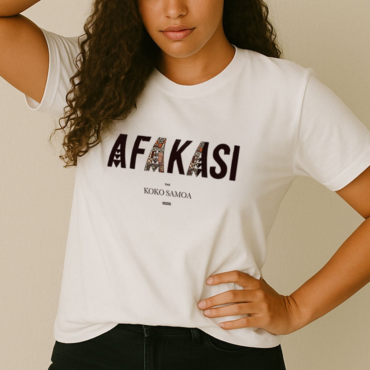 White unisex soft tee from The Print Bar featuring Afakasi design, showcasing a comfortable fit and casual style.