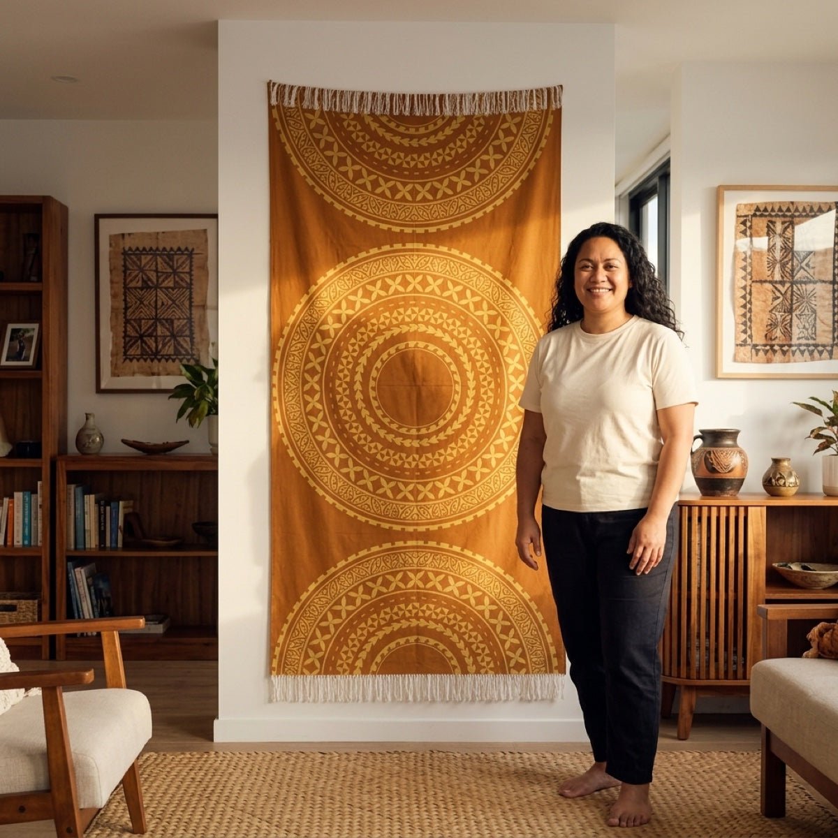 Multifunctional Golden Sun Lavalava featuring vibrant sun pattern, traditional Polynesian fabric design.