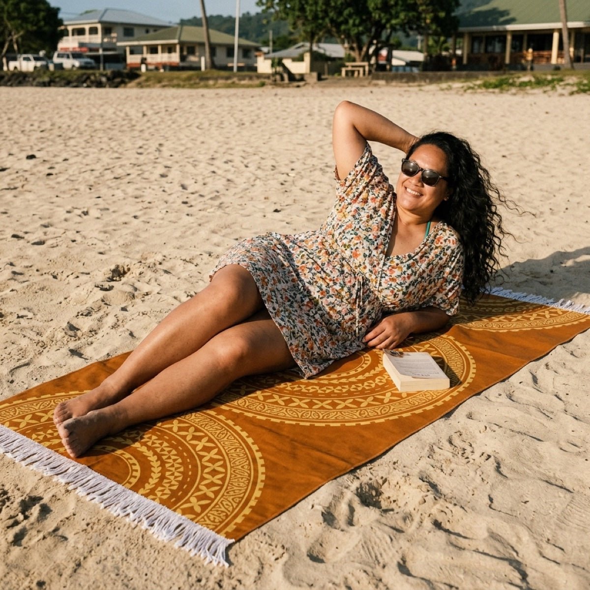Golden Sun multipurpose Lavalava featuring vibrant sun design, versatile fabric for traditional or casual wear.