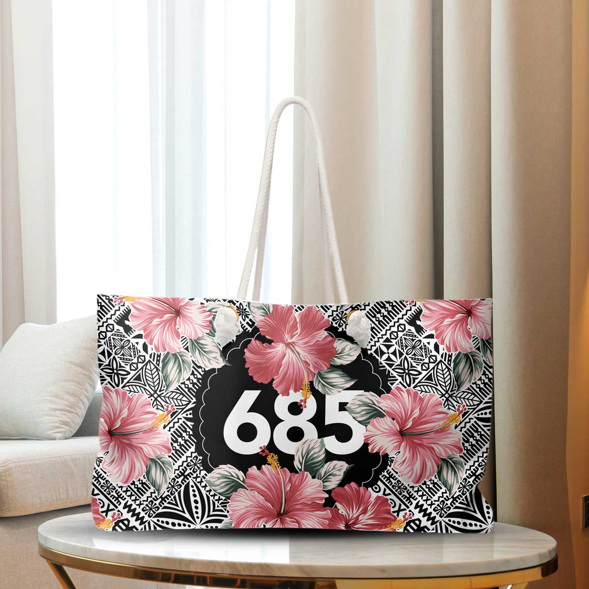 MWW on Demand Weekender Bag 685 Aute in neutral fabric with leather handles, 24x13 inches, ideal for travel.