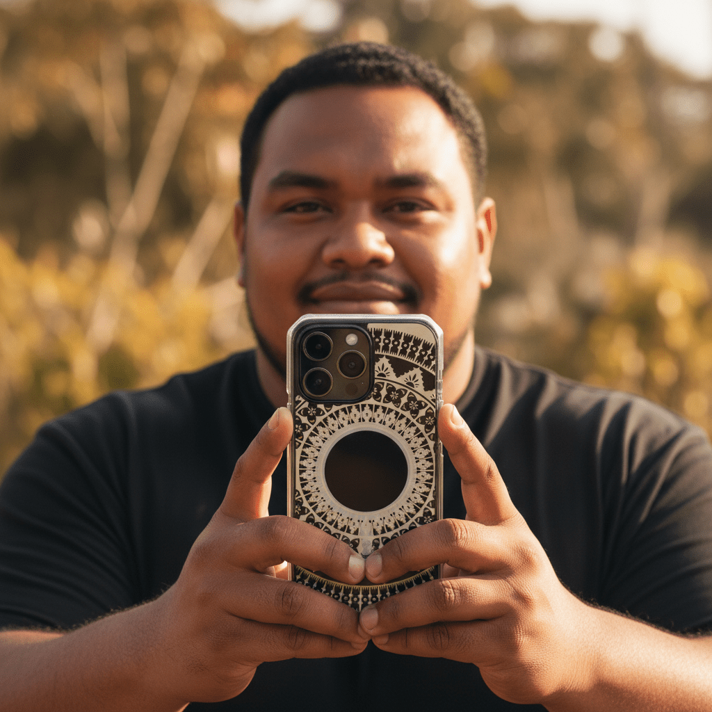 WOYC PasifikaOne MagSafe clear iPhone case with Fiji Reversed design, showcasing tropical patterns and durable protective features.