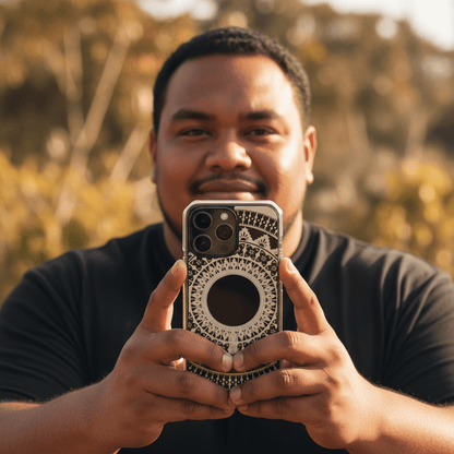 WOYC PasifikaOne MagSafe clear iPhone case with Fiji Reversed design, showcasing tropical patterns and durable protective features.
