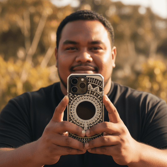 WOYC PasifikaOne MagSafe clear iPhone case with Fiji Reversed design, showcasing tropical patterns and durable protective features.