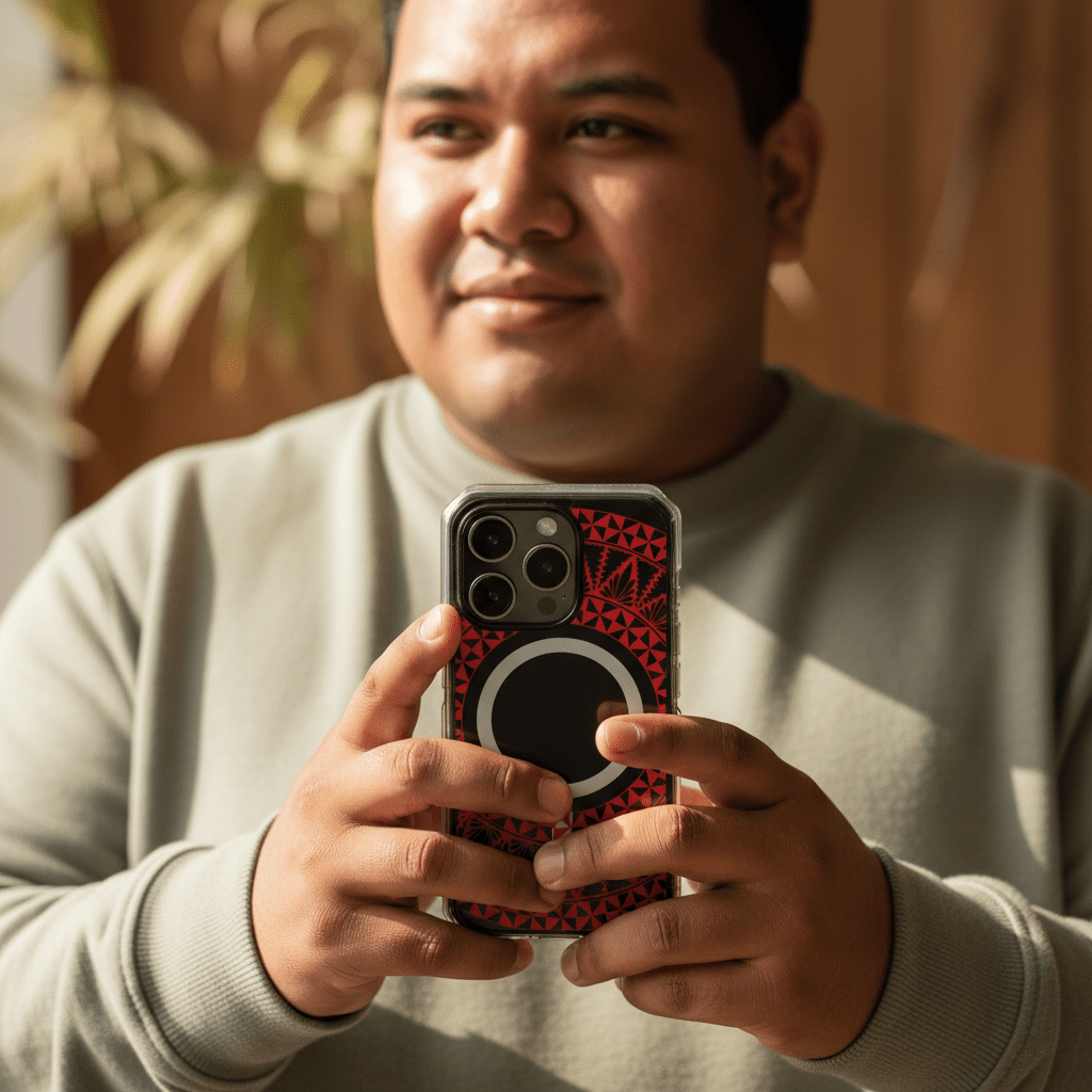 WOYC PasifikaOne MagSafe clear case for iPhone featuring Tongan Redleaf design, transparent protective cover for magnetic charging.