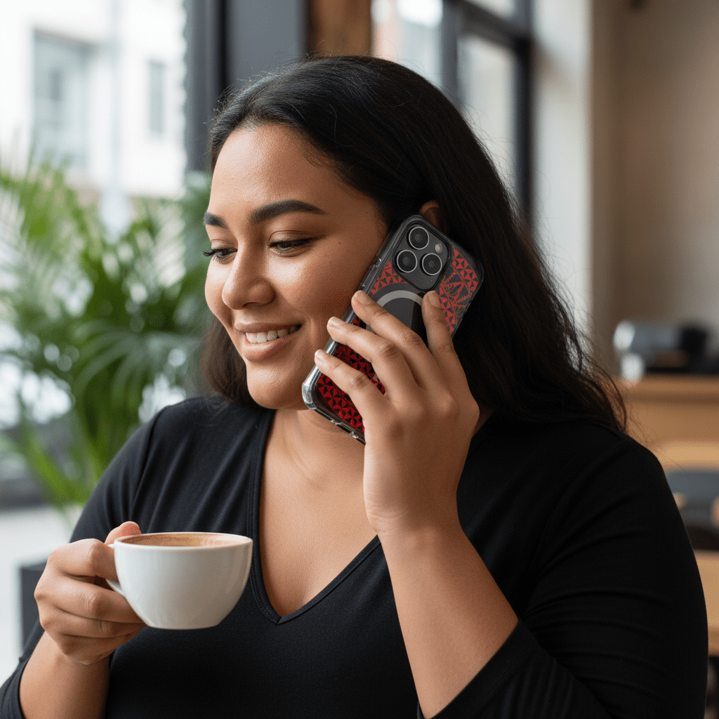 WOYC PasifikaOne MagSafe iPhone clear case featuring Tongan Redleaf design, showcasing a transparent protective cover with cultural pattern.