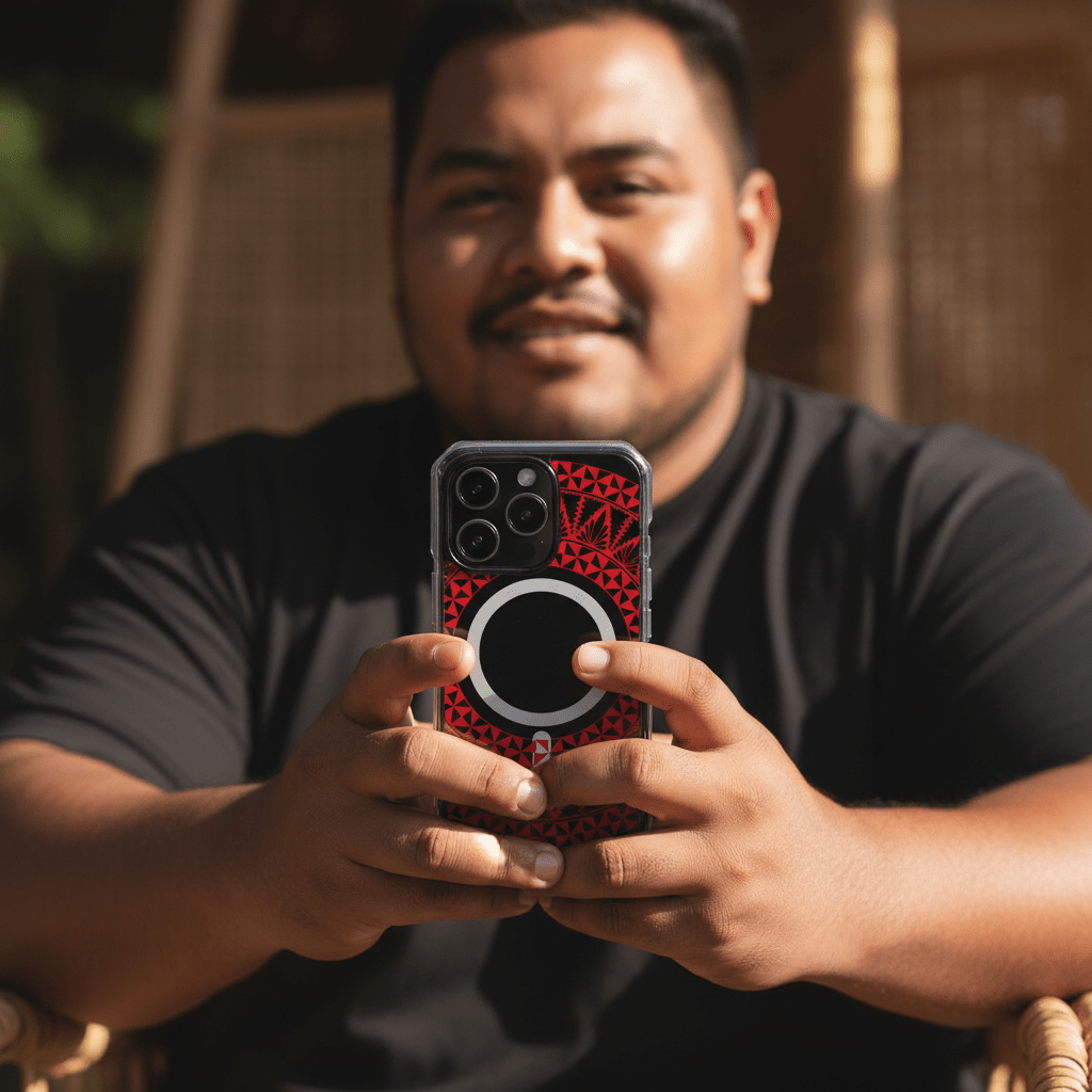 WOYC PasifikaOne MagSafe iPhone clear case with Tongan Redleaf design, featuring a transparent protective cover for iPhone.