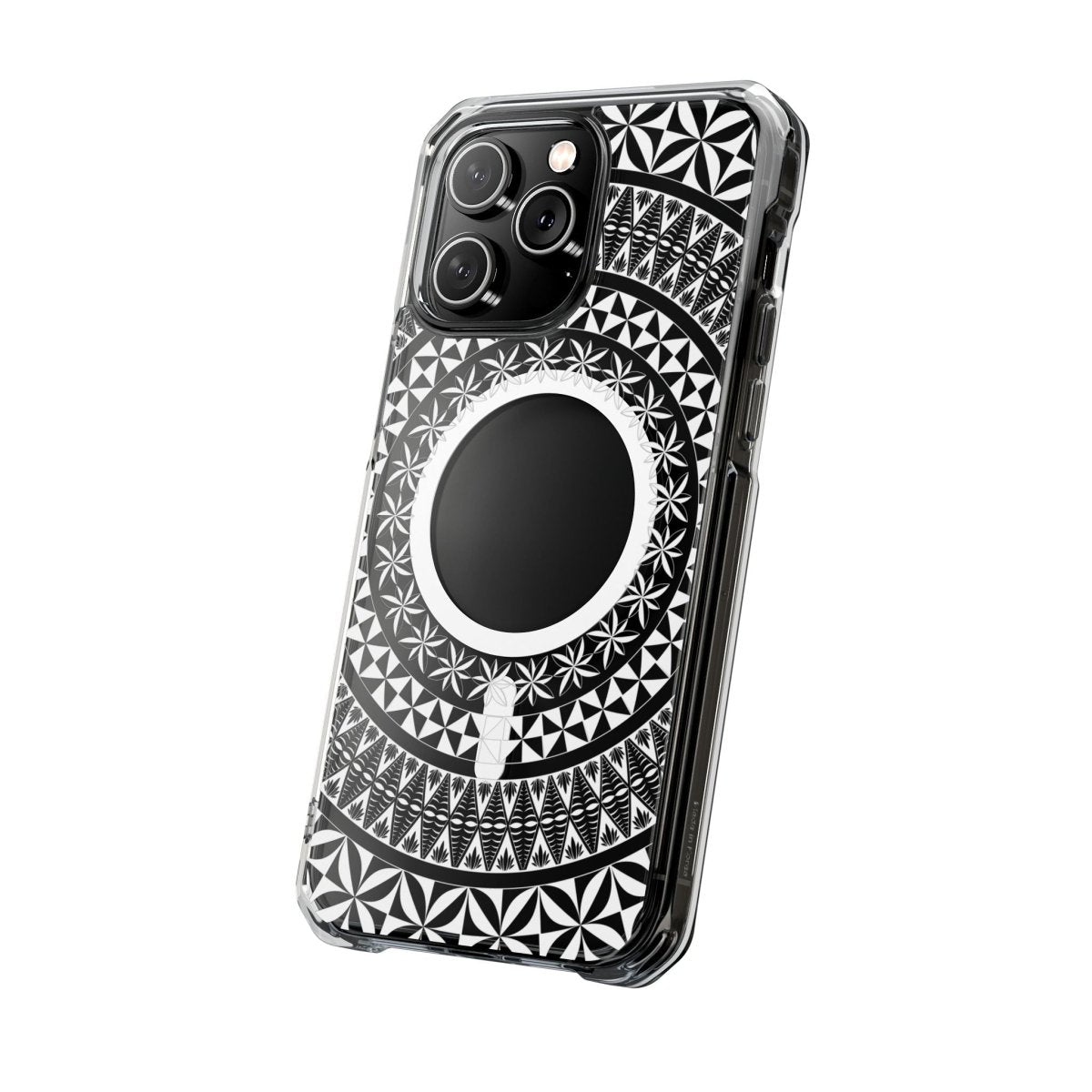 WOYC PasifikaOne MagSafe clear phone case featuring Tongan design, compatible with AU, NZ, and USA models, showcasing vibrant patterns.
