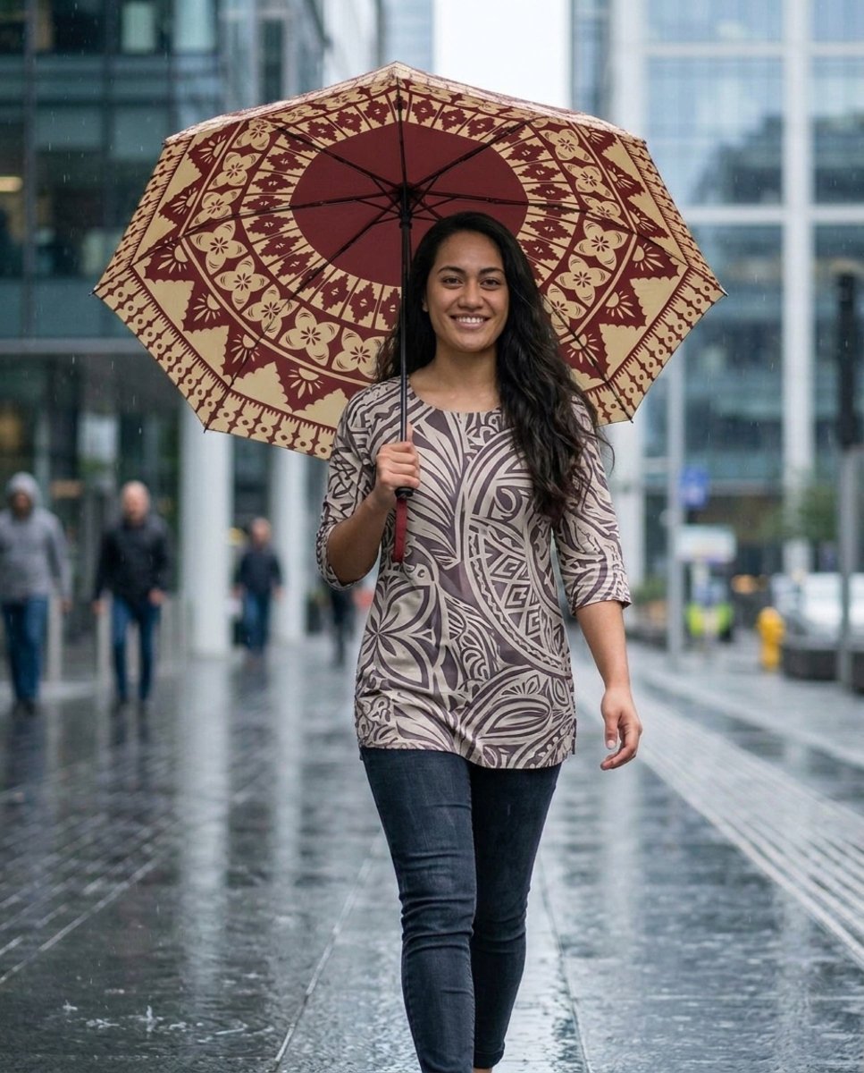 PasifikaOne umbrella in Fiji Red, 48-inch (122cm), with vibrant Polynesian design, perfect for accessories and sunny days.